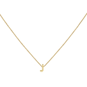 Close-up of minimalist 18K gold letter J pendant on a fine link chain necklace