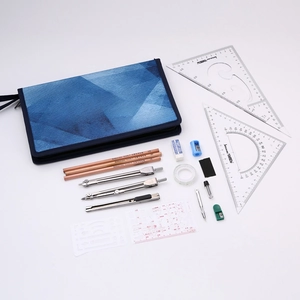 Top view of professional architecture drawing set with compasses and geometry tools