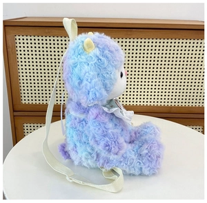 Detail of plush backpack featuring purple gradient faux fur and white lace collar
