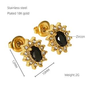 Macro detail of 18K gold plated stainless steel sunflower earrings with black zircon