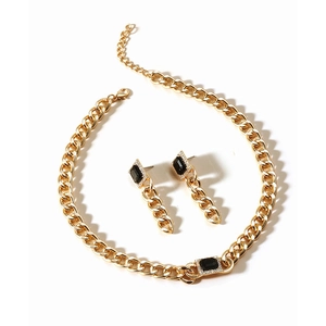 Punk chunky gold chain necklace and earring set with black rectangle stones and crystals