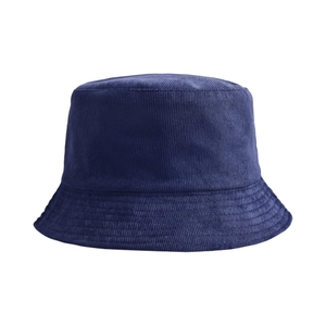 Detailed view of navy blue corduroy fabric texture and reinforced stitching on bucket hat