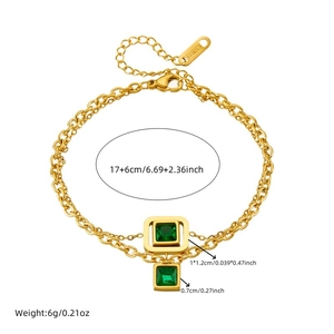 Bracelet double chaîne en acier inoxydable doré avec pierres précieuses vert émeraude