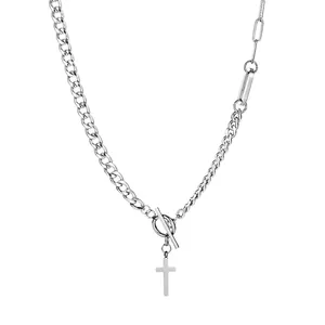 Cross Pendant Necklace Stainless Steel Asymmetric Cuban Paperclip Chain T-Bar Clasp Hip Hop Retro Jewelry For Men Women