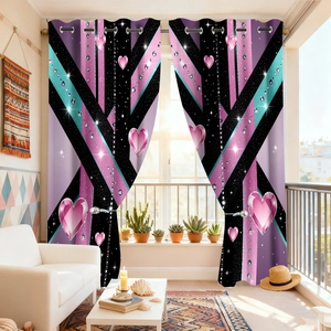Detail of velvet blackout curtains featuring purple geometric patterns and pink hearts