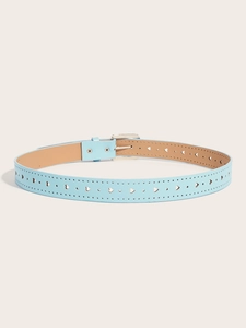 Close-up of light blue faux leather belt with silver buckle and heart pattern cutouts