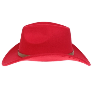 Detail of red western cowboy hat featuring a brown leather decorative band on a white background