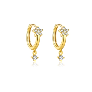 Elegant gold S925 sterling silver flower hoop earrings with white zircon drop charms