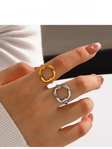 Detailed view of modern hollow oval rings in gold and silver finish on model fingers
