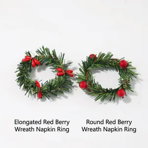 Christmas pine needle napkin rings with red berries for holiday table decorations