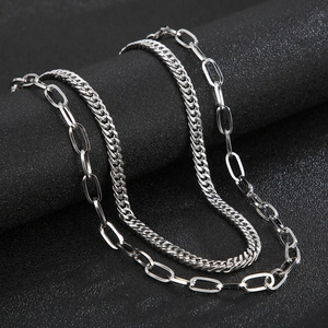 Modern double layered silver titanium steel curb and paperclip chain necklace for women