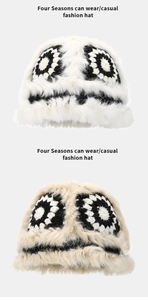 Detail view of plush flower patterns on thick winter beanies in black and white tones