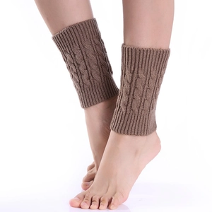 Brown cable knit leg warmers for women made of soft warm yarn in minimalist style