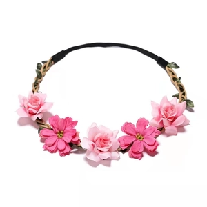 Bohemian floral headband with pink roses and green leaves for bridal beach vacation