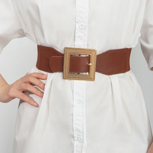 Detail of a brown elastic waist belt with a gold woven square buckle on a white shirt