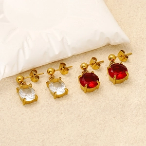 Minimalist stainless steel gold geometric earrings with clear and red oval cubic zirconia