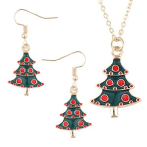 Christmas tree jewelry set with gold necklace and matching green enamel earrings