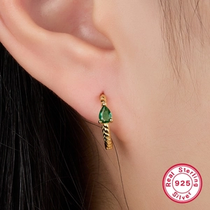 Elegant 925 sterling silver gold earrings with green pear-shaped emerald zircon stone