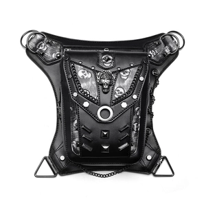 Detail of gothic punk waist bag featuring metal skull studs and textured PU leather
