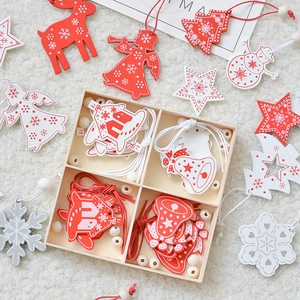 Christmas Wooden Hanging Ornaments Red White Snowflake Print Reindeer Star Angel Tree Festive Decoration Home