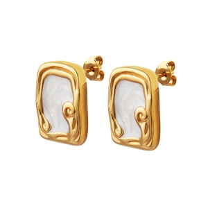 Minimalistische quadratische Edelstahl-Ohrstecker mit weißer Emaille und goldener Textur