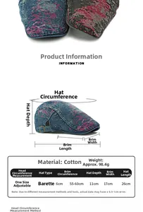 Detailed size chart for washed denim beret featuring cotton material and measurements