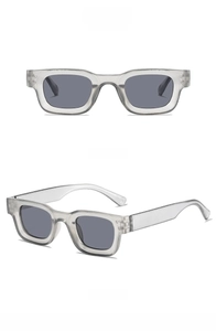 Front and 45-degree side view of vintage small square sunglasses with grey frames and lenses