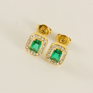 Elegant 18K gold plated square emerald zircon earrings with sparkling crystal border