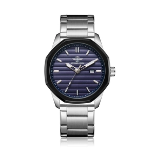 Men Business Quartz Watch With Octagonal Bezel Alloy Steel Strap Date Display Horizontal Stripe Dial Fashion Wristwatch