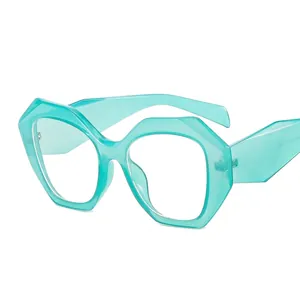Polygonal mint green candy color eyeglasses with geometric cat eye frames for women