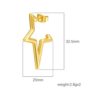Golden stainless steel star earrings for women with detailed size and weight dimensions