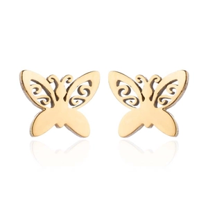 Macro shot of gold butterfly stud earrings with detailed hollow wing texture on white background
