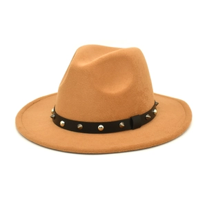 Detailed view of camel wool fedora hat featuring black leather belt and silver studs