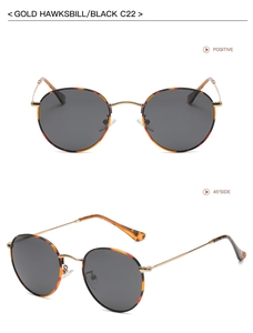 Polarized retro round sunglasses with gold hawksbill frames and dark grey lenses