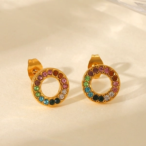 Close-up of 18K gold plated stainless steel stud earrings with rainbow crystal inlay