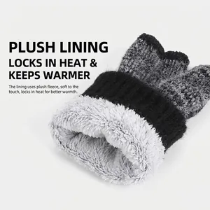 Winter thermal knit beanie hat with thick grey faux fur lining for cold weather