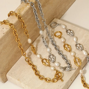 Stainless Steel Gold Plated Necklace And Bracelet With Natural Freshwater Artificial Baroque Pearls Toggle Clasp Vintage Jewelry