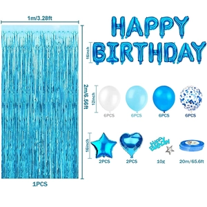 Kit festa blu con tende a frange, palloncini a lettere e cuori in alluminio