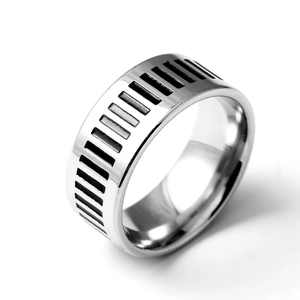 Men's 8mm vintage stainless steel ring featuring silver piano key pattern and black stripes