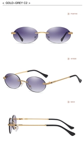 Detail view of gold metal braided temples on rimless oval gradient sunglasses C2