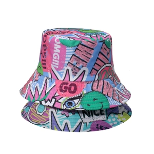 Graffiti bucket hat for women with colorful cartoon street art and flat top brim