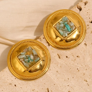 Boucles d'oreilles vintage dorées à l'or 18 carats, design géométrique et pierres vertes
