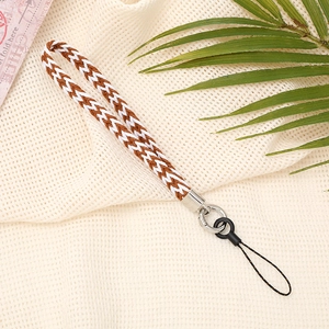 Handmade woven wrist strap lanyard in brown and white with silver metal buckle