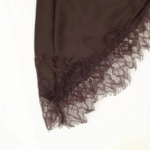 Deep brown satin backless slip dress with exquisite eyelash lace trim detailing