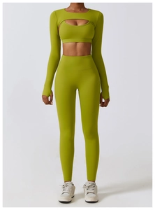 Three-piece yoga set with long sleeve crop shrug, sports bra and high waist leggings in lime green