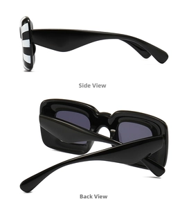 Detail view showing side and back of futuristic black wavy rectangle frame sunglasses