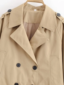 Detail of khaki double-breasted trench coat showing lapels, black buttons, and cotton texture