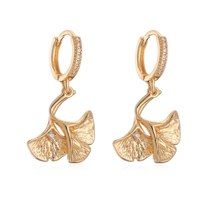 Ginkgo leaf drop earrings with sparkling zircon stones in elegant gold finish