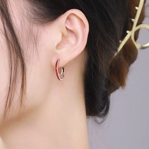 S925 sterling silver hoop earrings with red enamel stripes and zircon pave on model