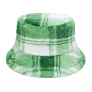 Classic green and white plaid faux fur bucket hat with soft plush texture for winter